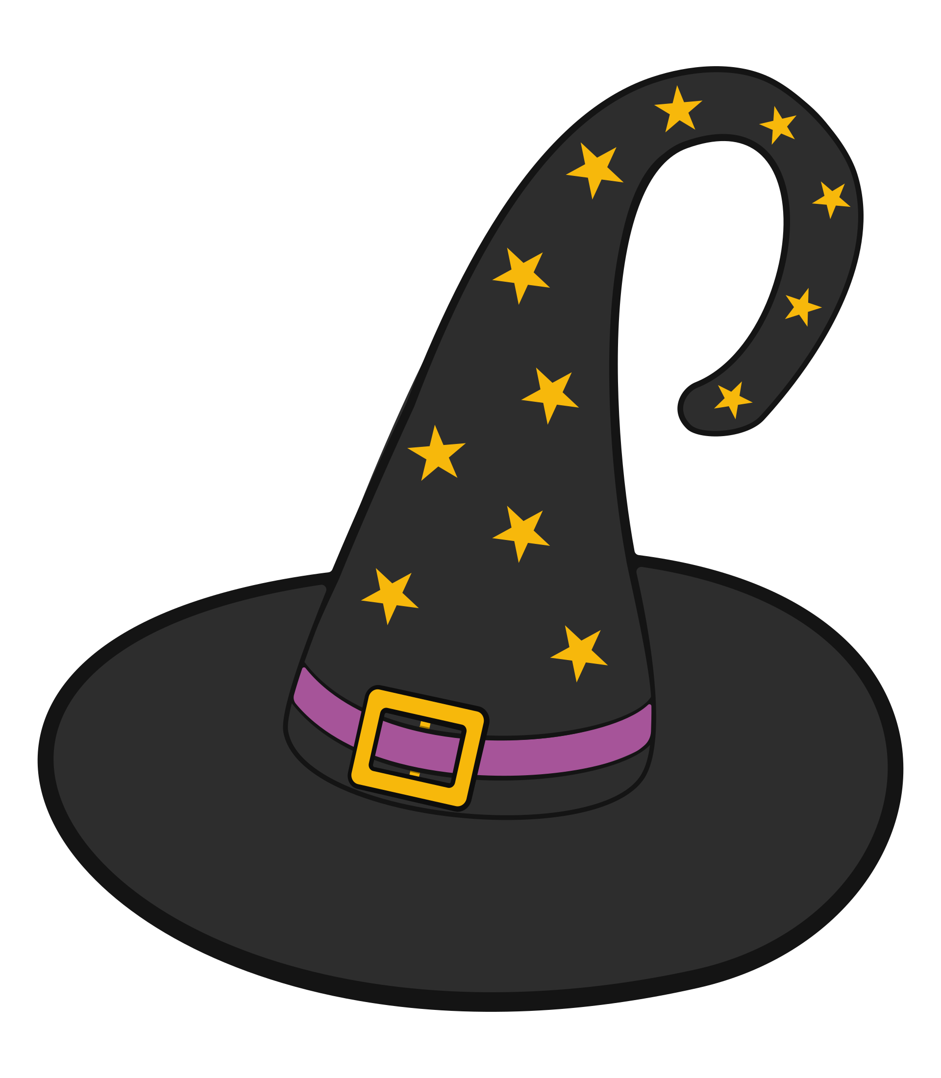 Un chapeau de sorcière noir avec des étoiles jaunes et un bracelet violet