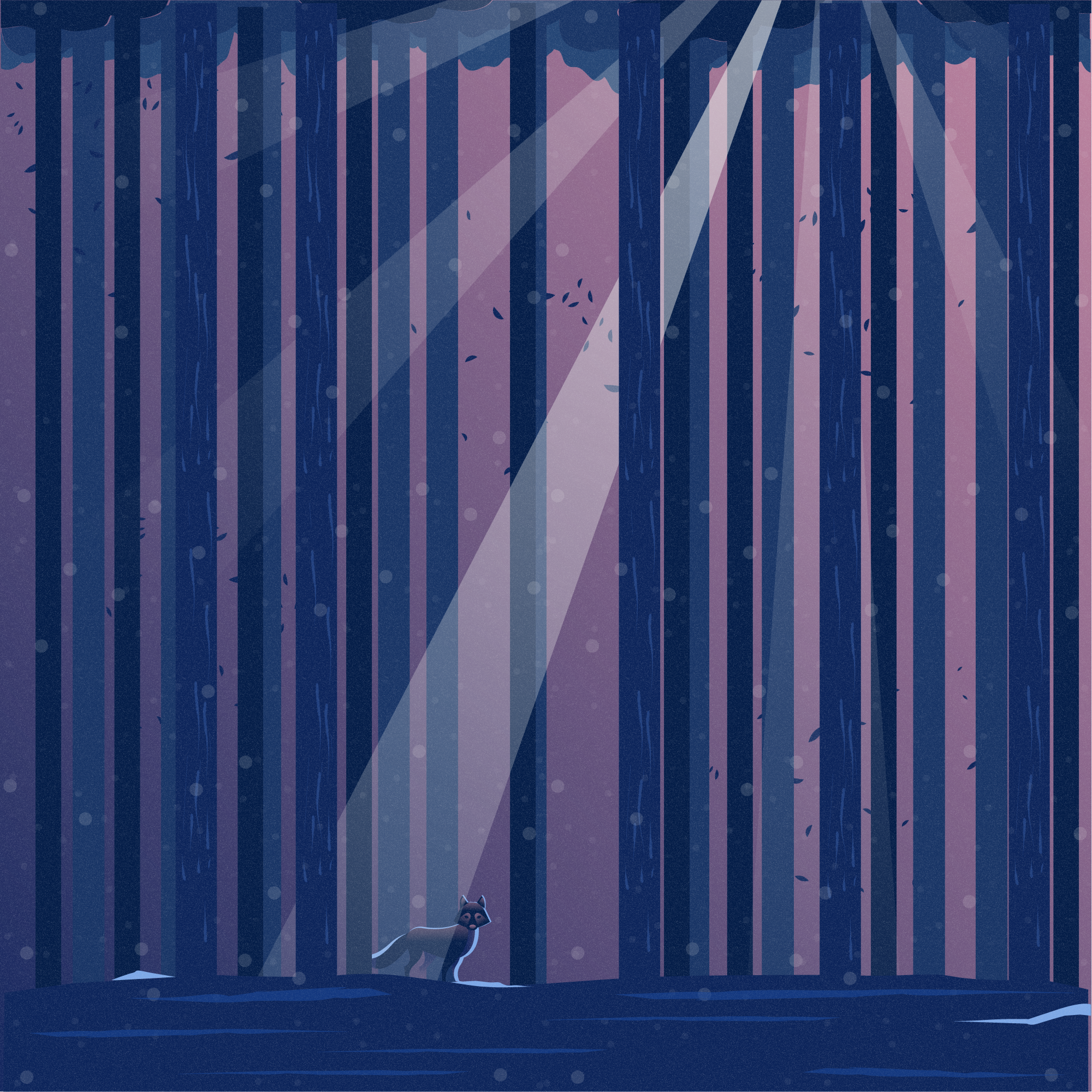 A lone deer stands in a dark, striped forest.