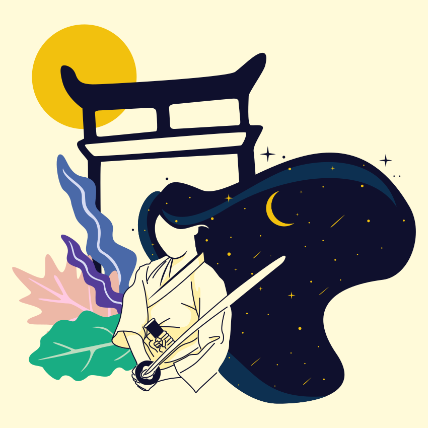 Samurai warrior with sword near traditional gate under moonlit gate.