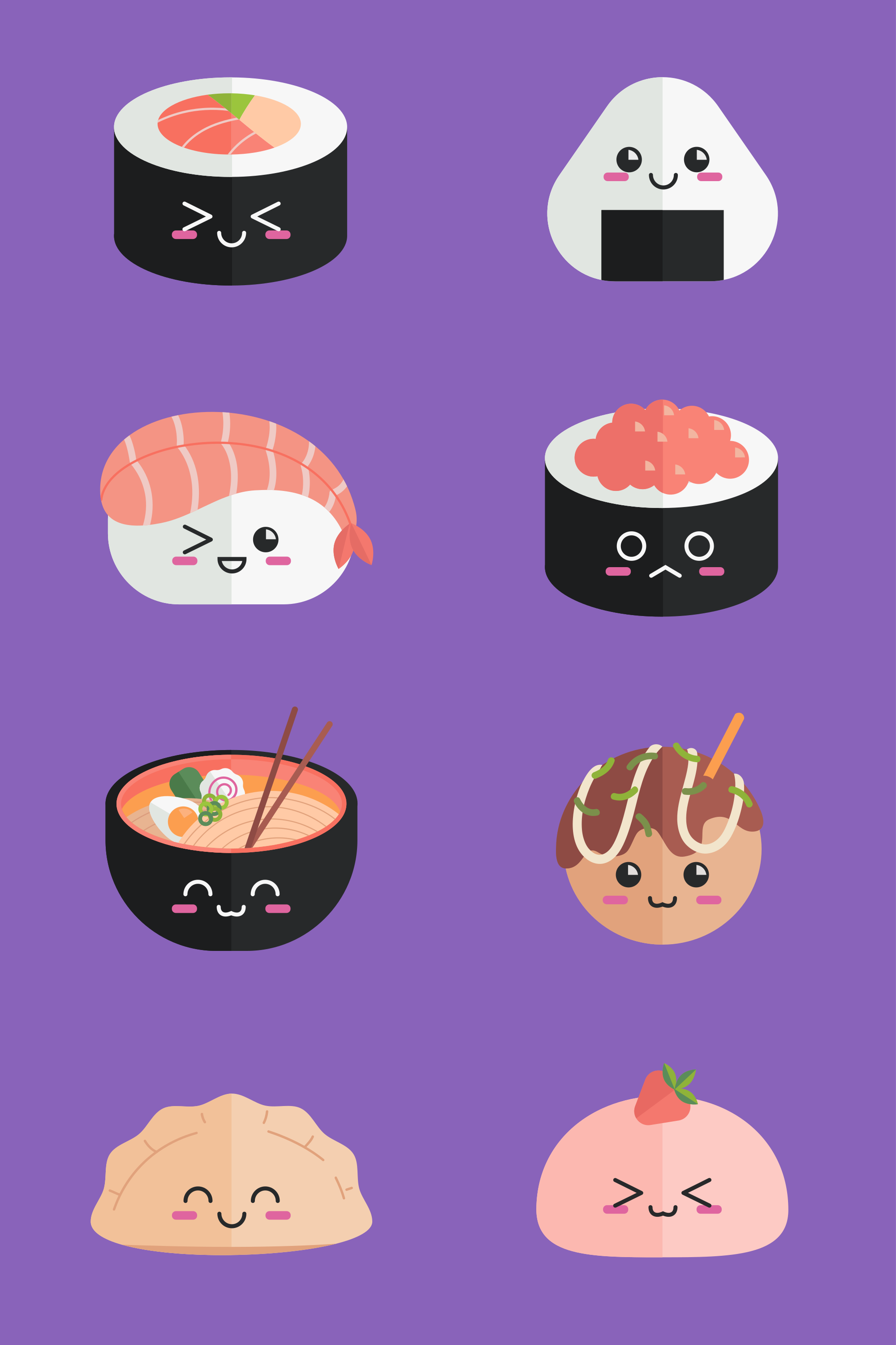 Kawaii sushi, ramen, and mochi on purple background