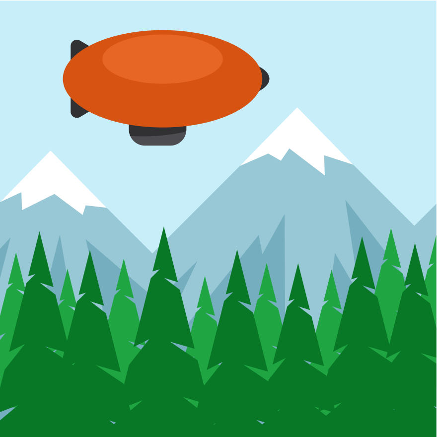 Orange blimp flying over green forest and mountains.