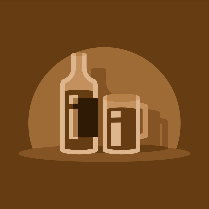 Bottle and mug with dark liquid