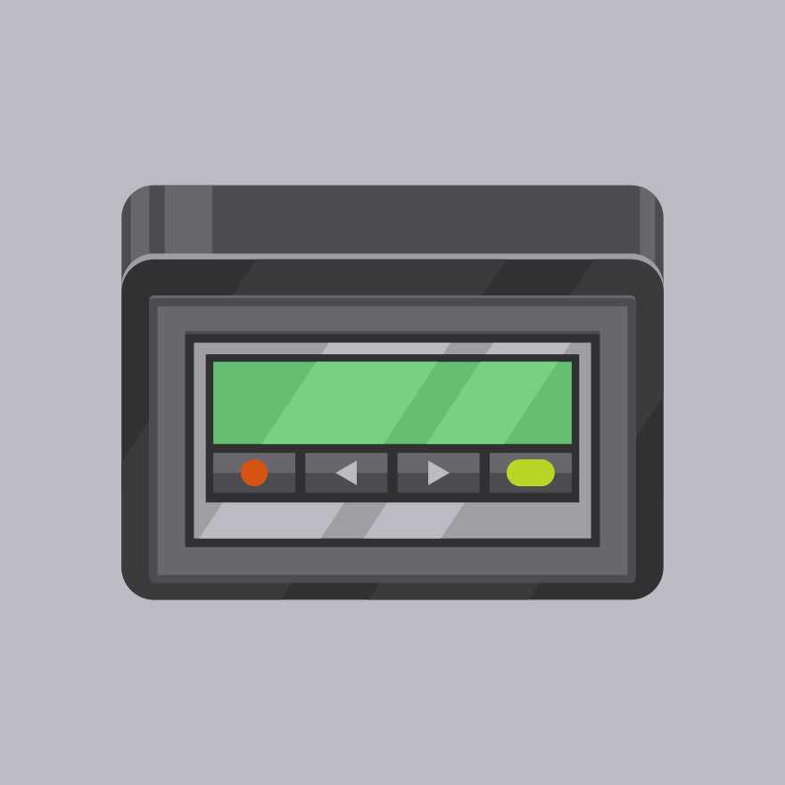 Un buscapersonas gris con pantalla verde y botones.