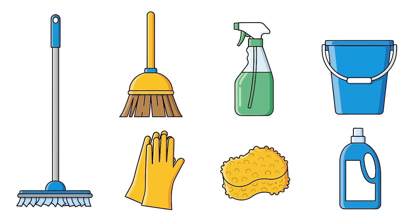Cleaning supplies including mop, broom, spray, and bucket