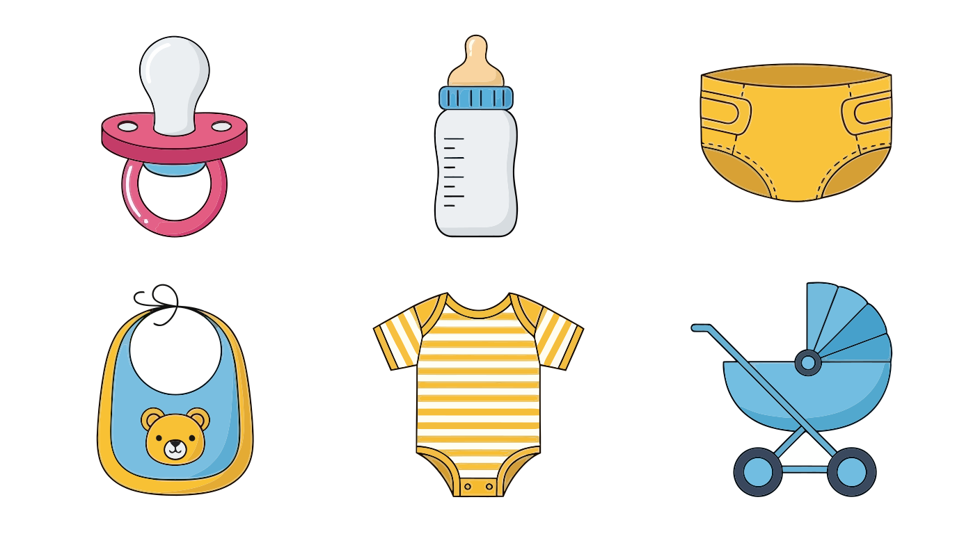Articles pour bébé comme la tétine, le biberon, la couche, le bavoir, la tenue et la poussette