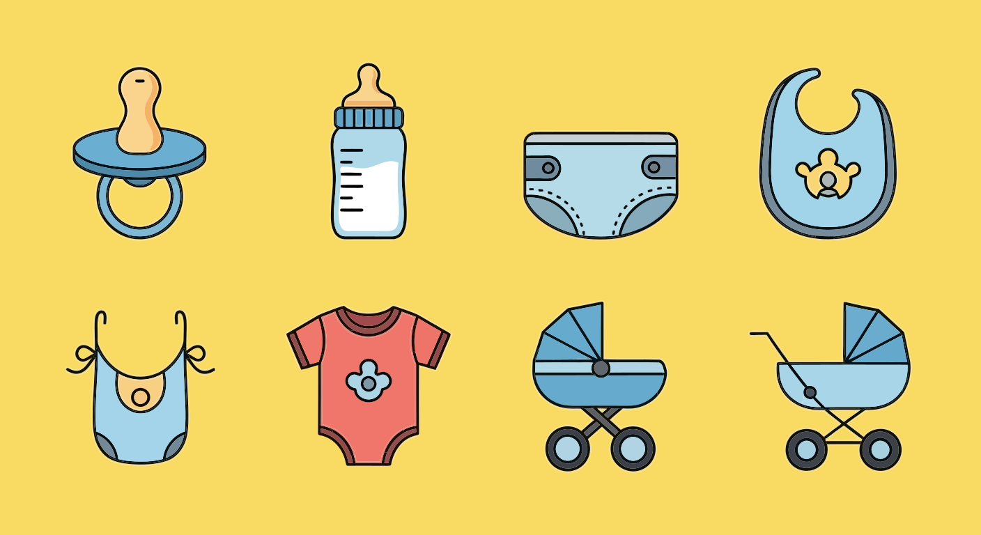 Articles pour bébé, y compris la poussette, les vêtements et le biberon.
