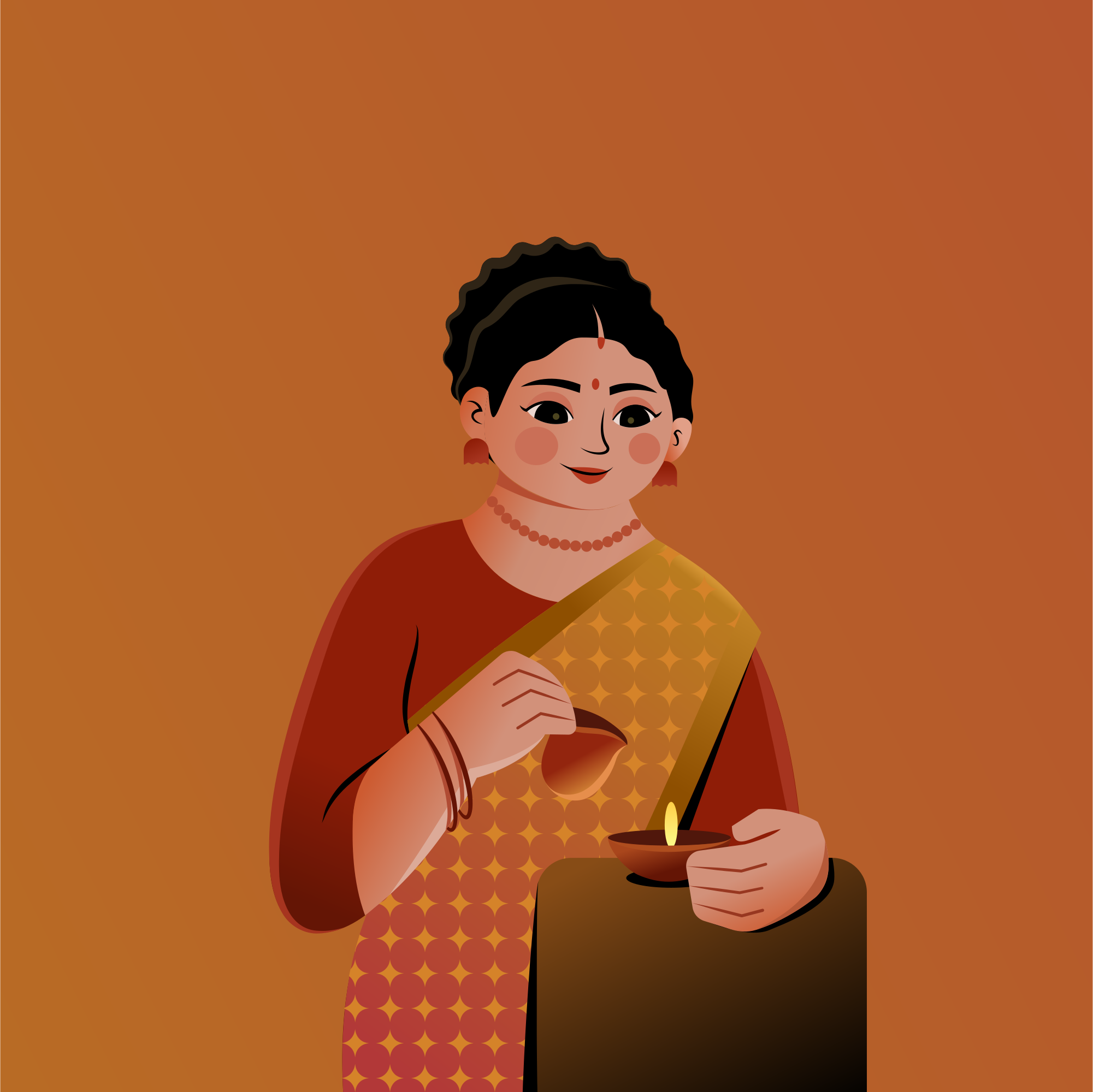Woman lighting a diya with a smile