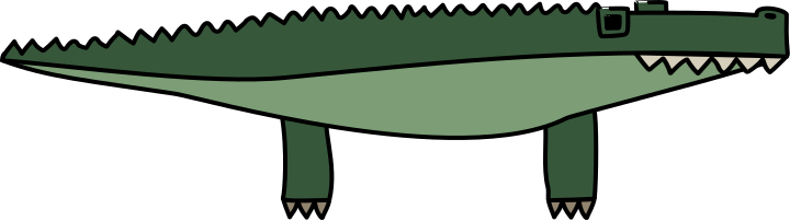 A green alligator with sharp teeth stands on legs.