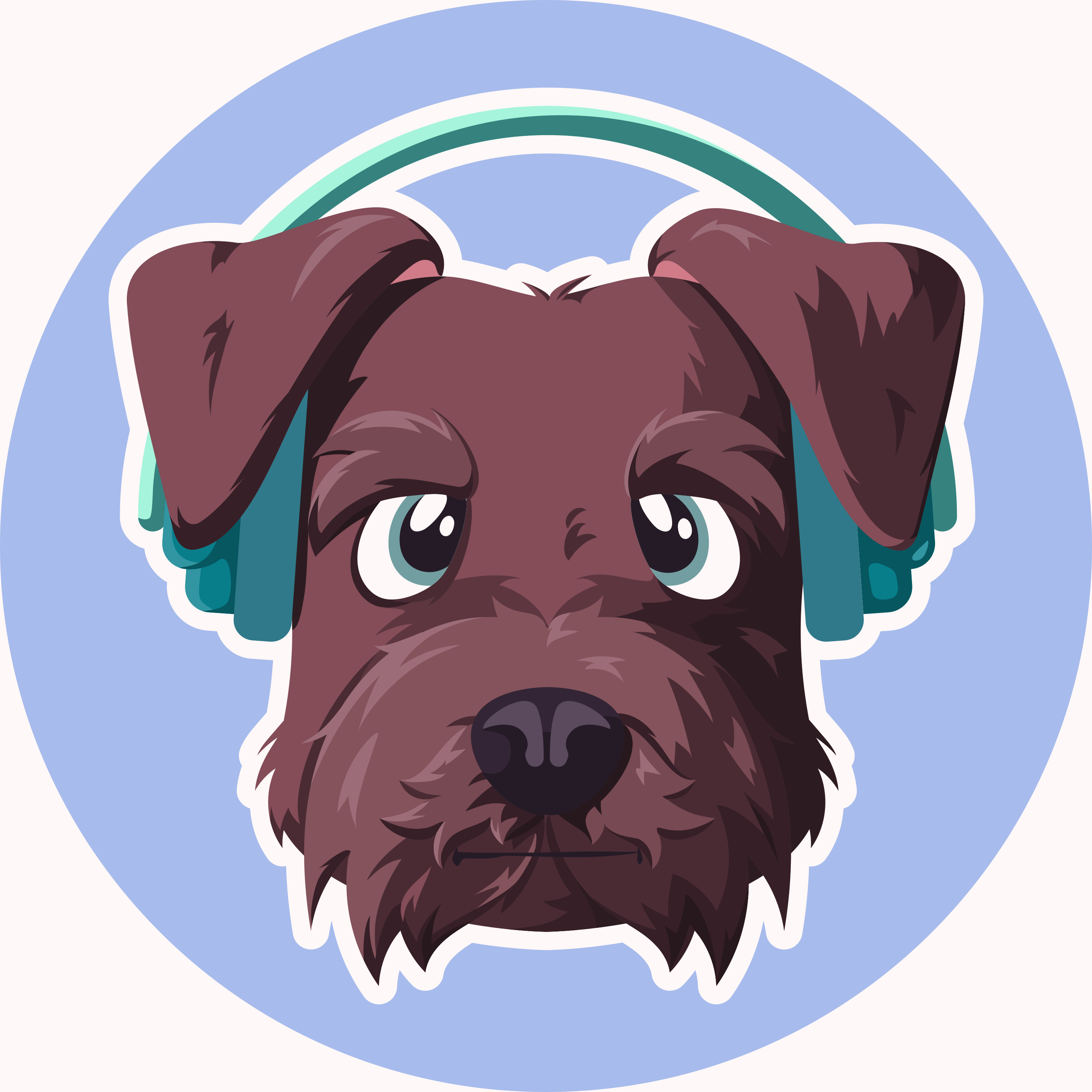 Cartoon dog wearing headphones in a circle.