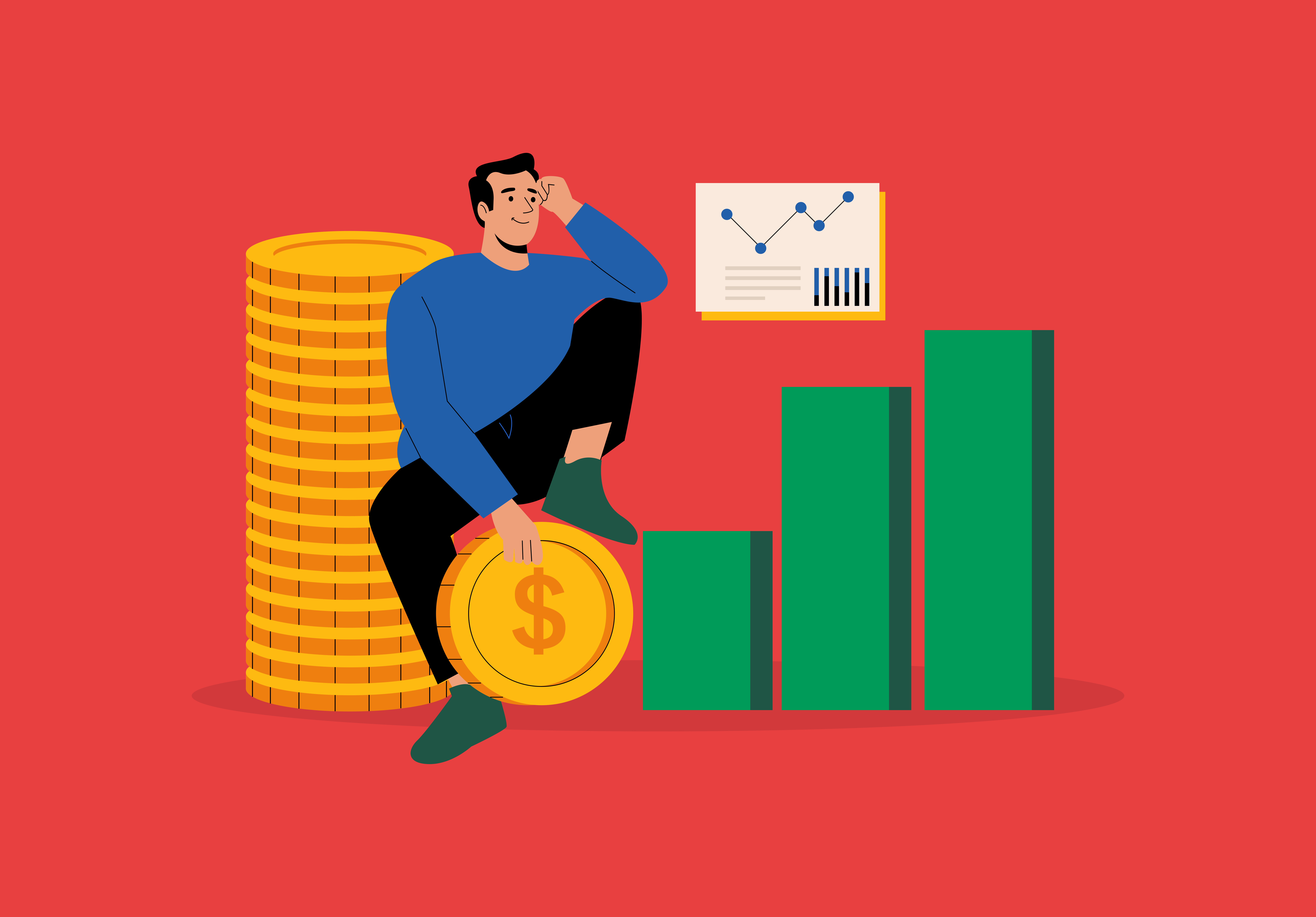 Illustration of a monetary growth chart and a man sitting on coin with a giant stack of coins behind him