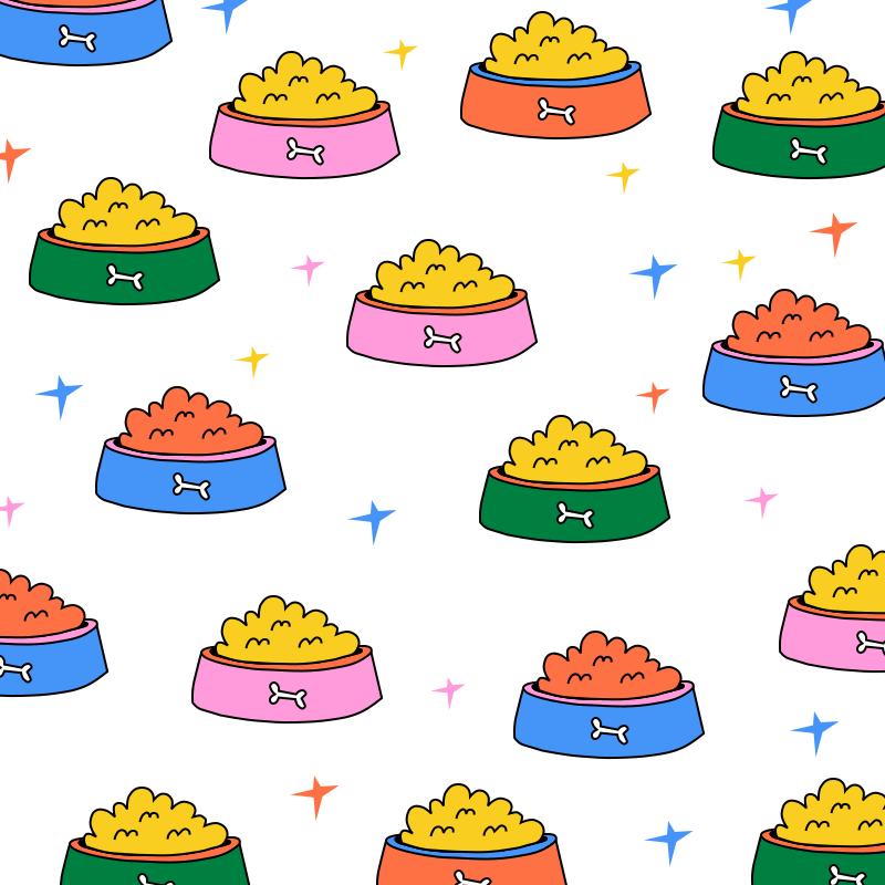 Colorful pet food bowls with star accents