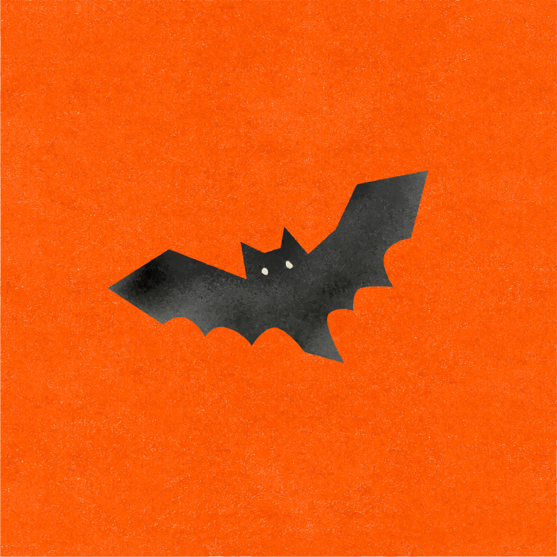 A black bat silhouette on an orange background
