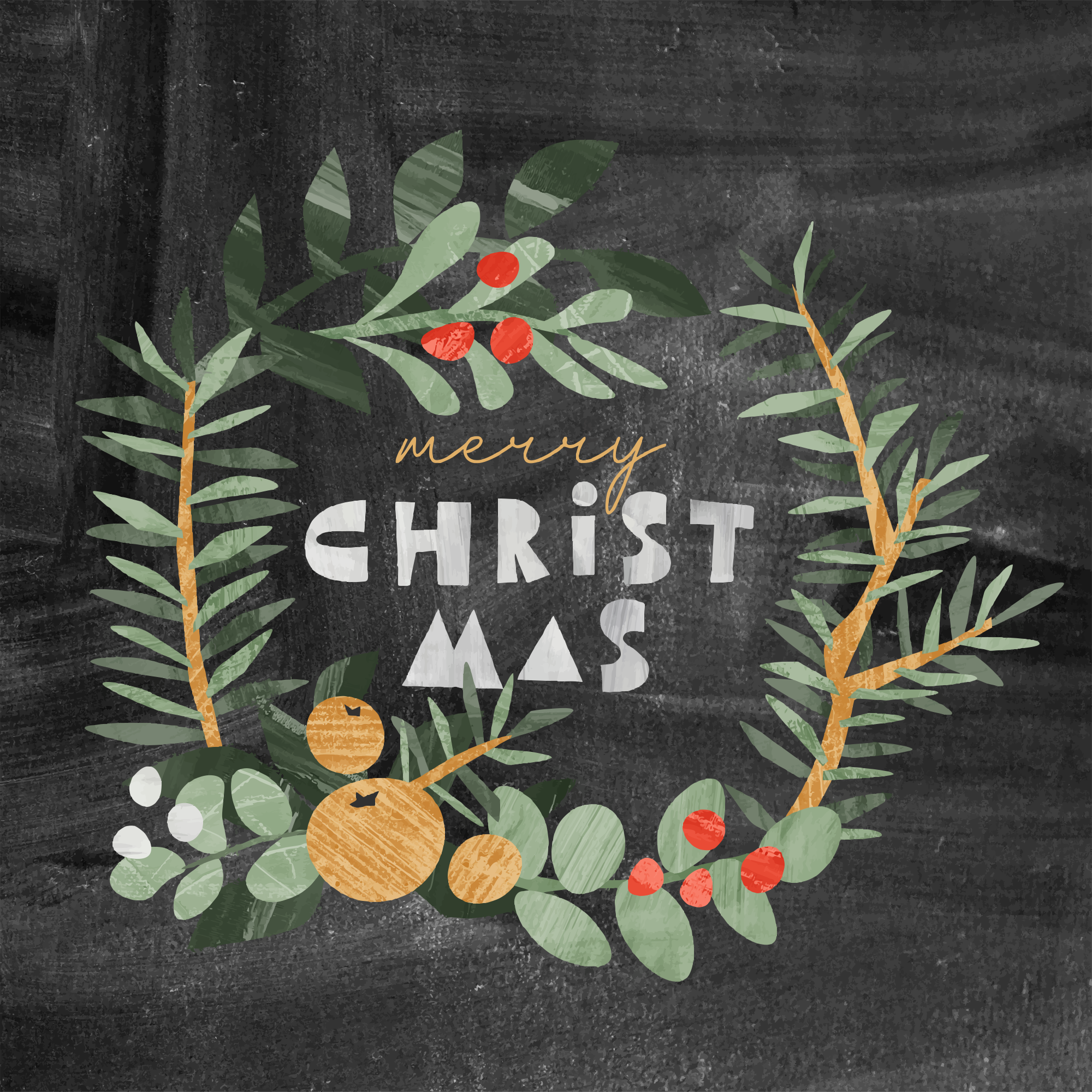 Merry christmas wreath with festive greenery and natural elements.