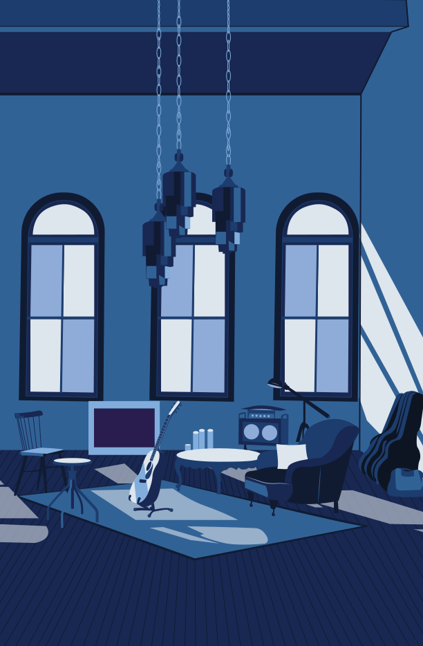 Una habitación tenuemente iluminada con instrumentos musicales y muebles.