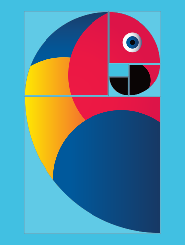 Conception abstraite de perroquet utilisant des formes et des couleurs géométriques.