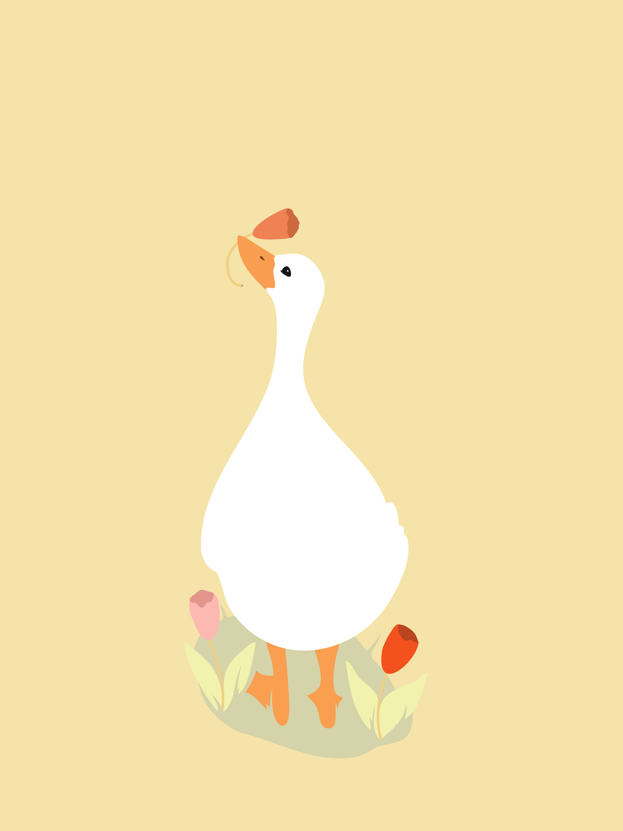 A white goose stands among tulips on a yellow background.