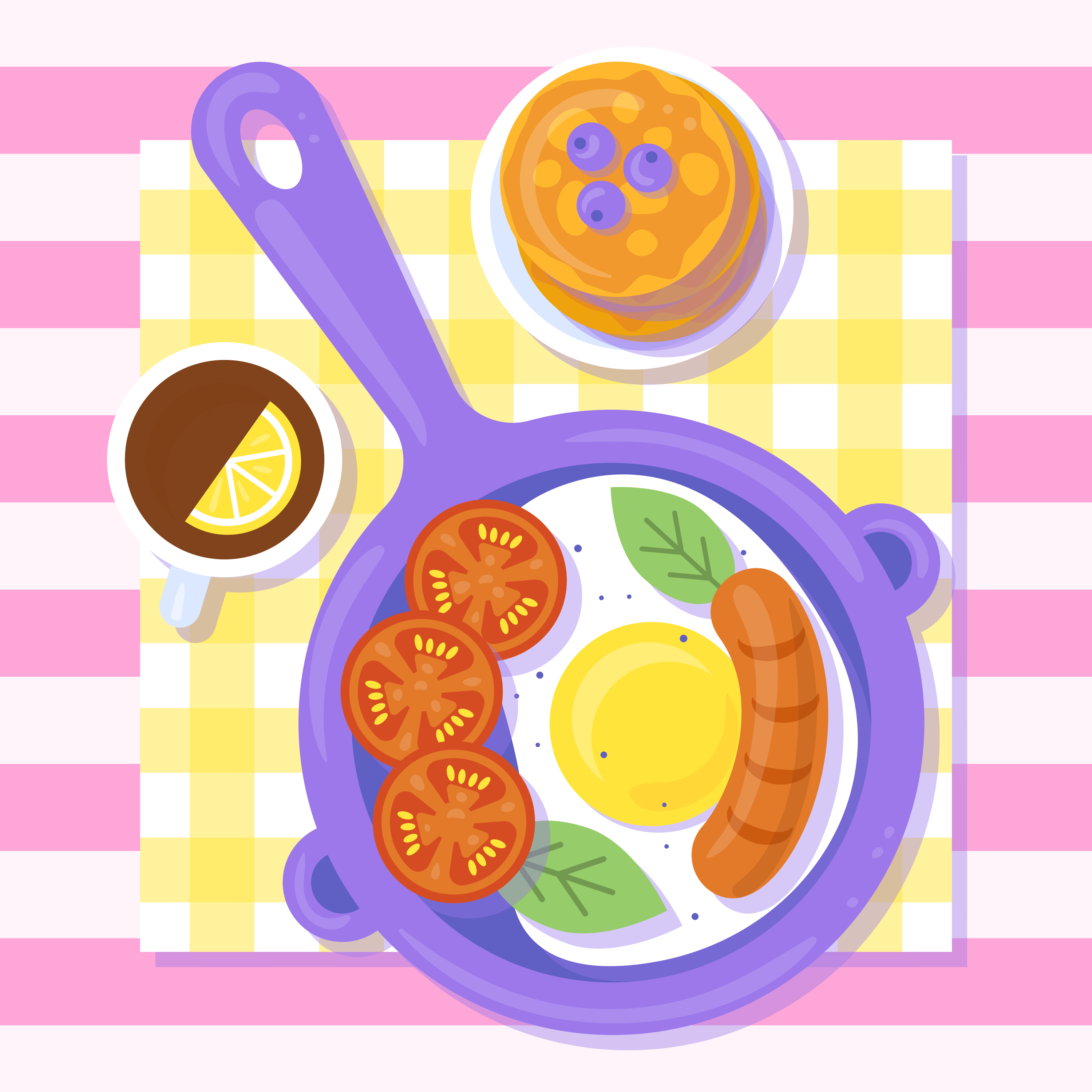A cartoon breakfast with fried egg, sausage, and pancakes.