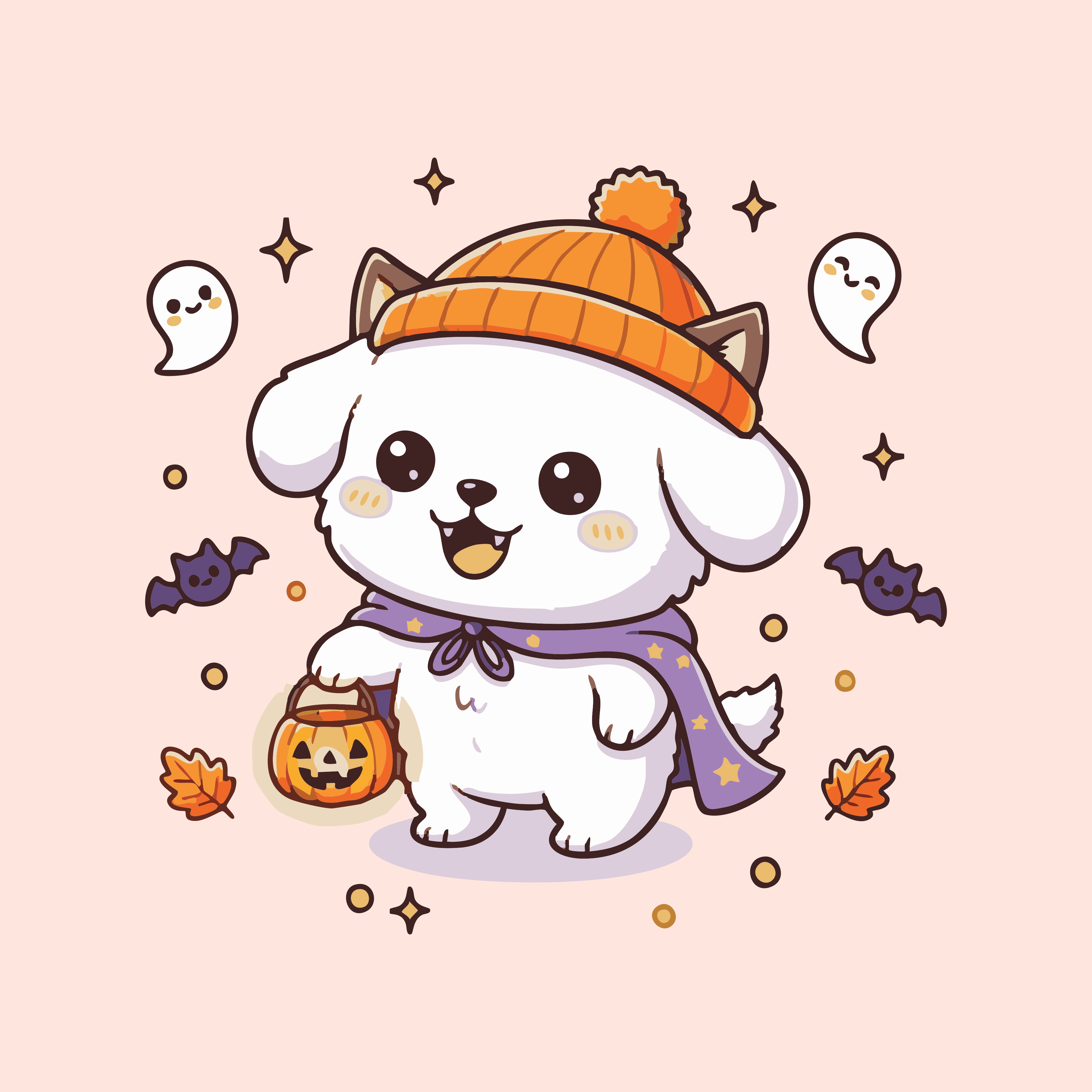 Cute white dog in halloween costume with candy bucket.