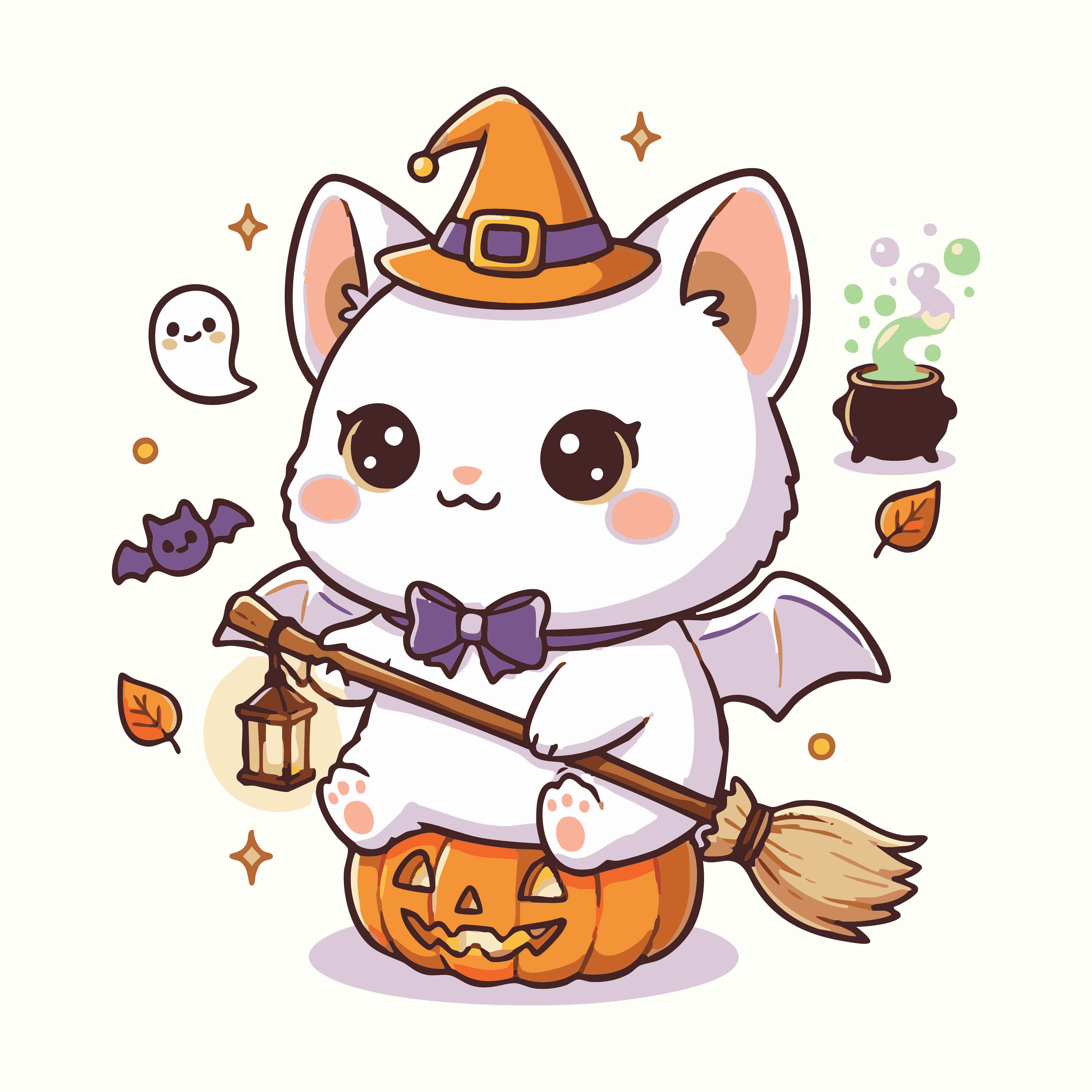 かぼちゃの上でほうきに乗る魔女の帽子のかわいい猫