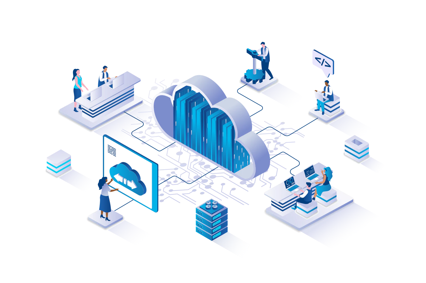 Commercial isometric illustration of people managing cloud data, databases, and digital records