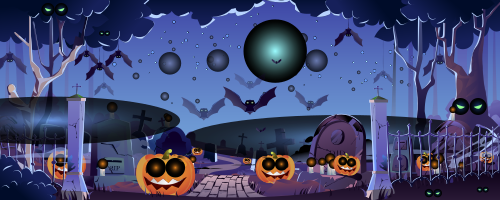 Abóboras e morcegos de Halloween em um cemitério assustador à noite