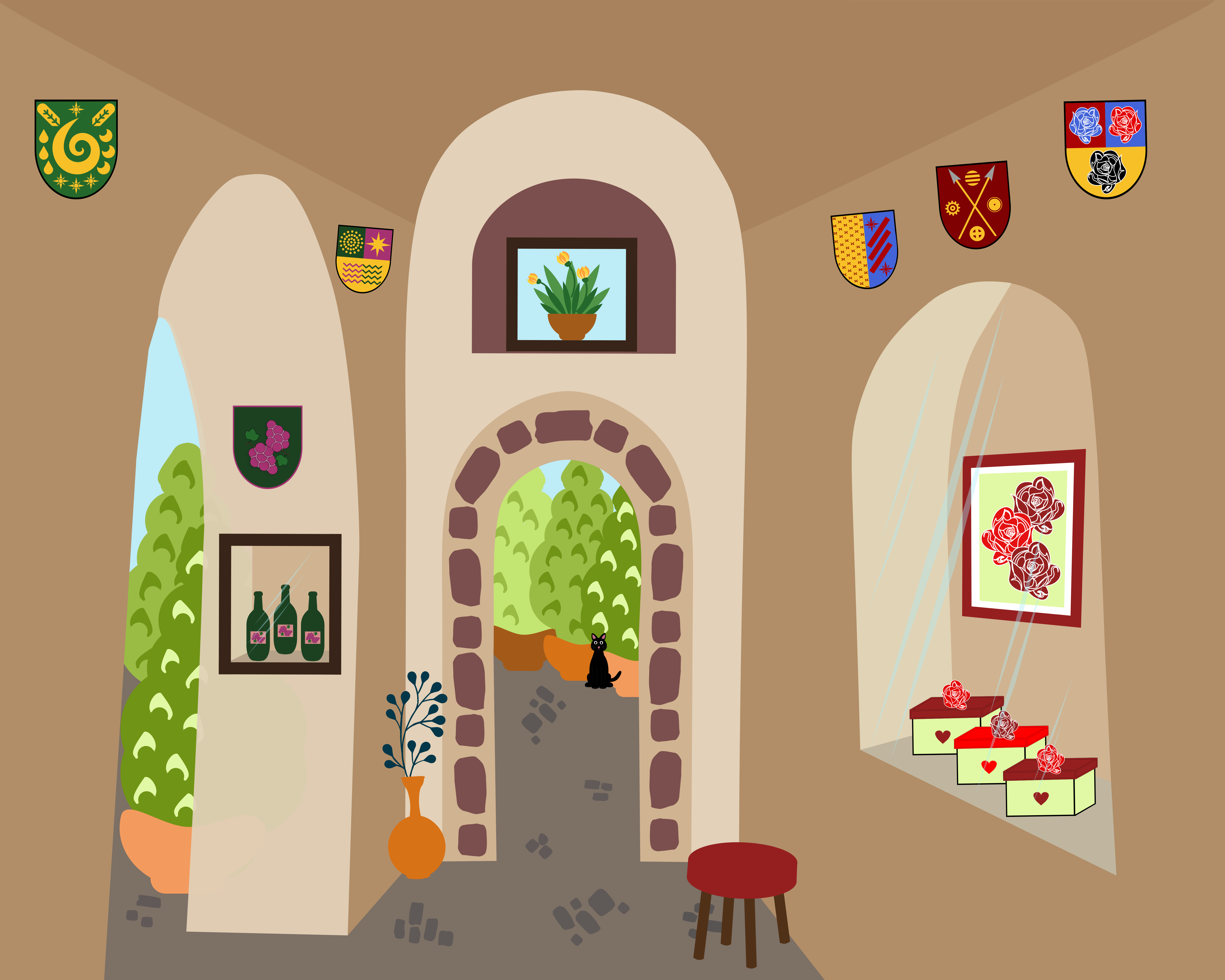 Cartoon interior with arches and potted plants