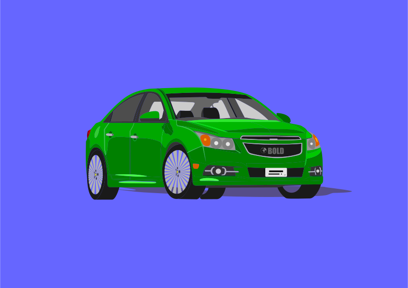 A green sedan parked on a blue background