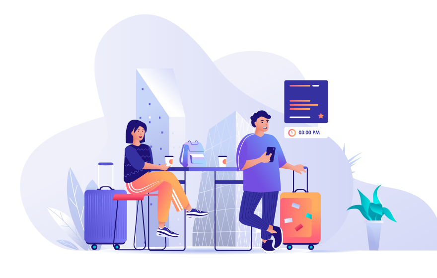 Two people with luggage waiting at a modern station.