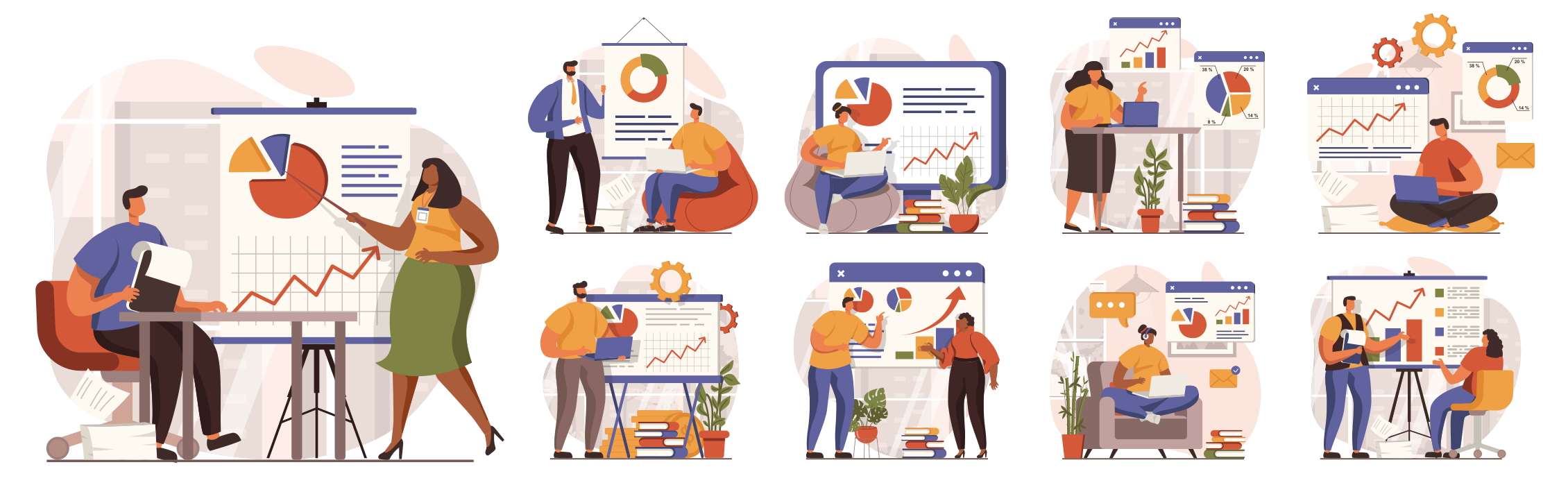 People presenting and analyzing data charts and graphs.