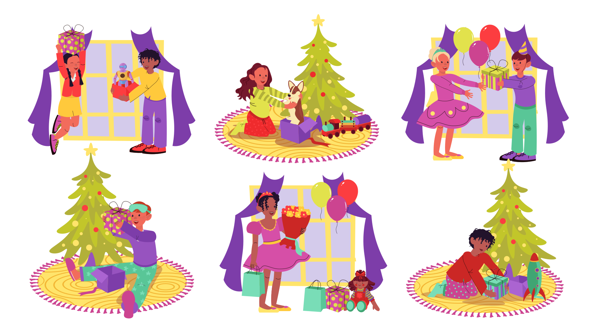 Children decorating christmas tree and opening presents.
