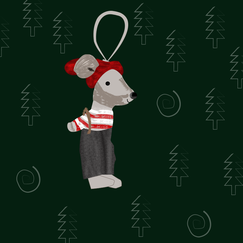 A mouse ornament with a red hat and striped shirt