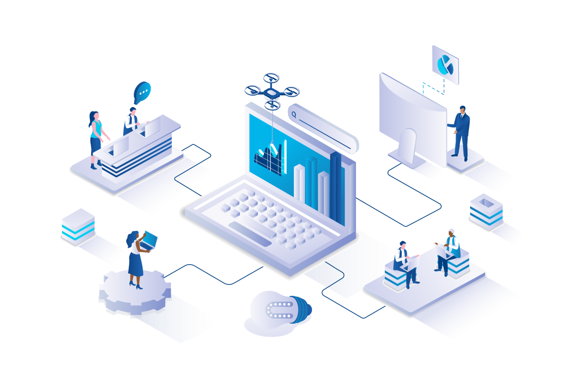 Isometric business people interacting with technology and data.