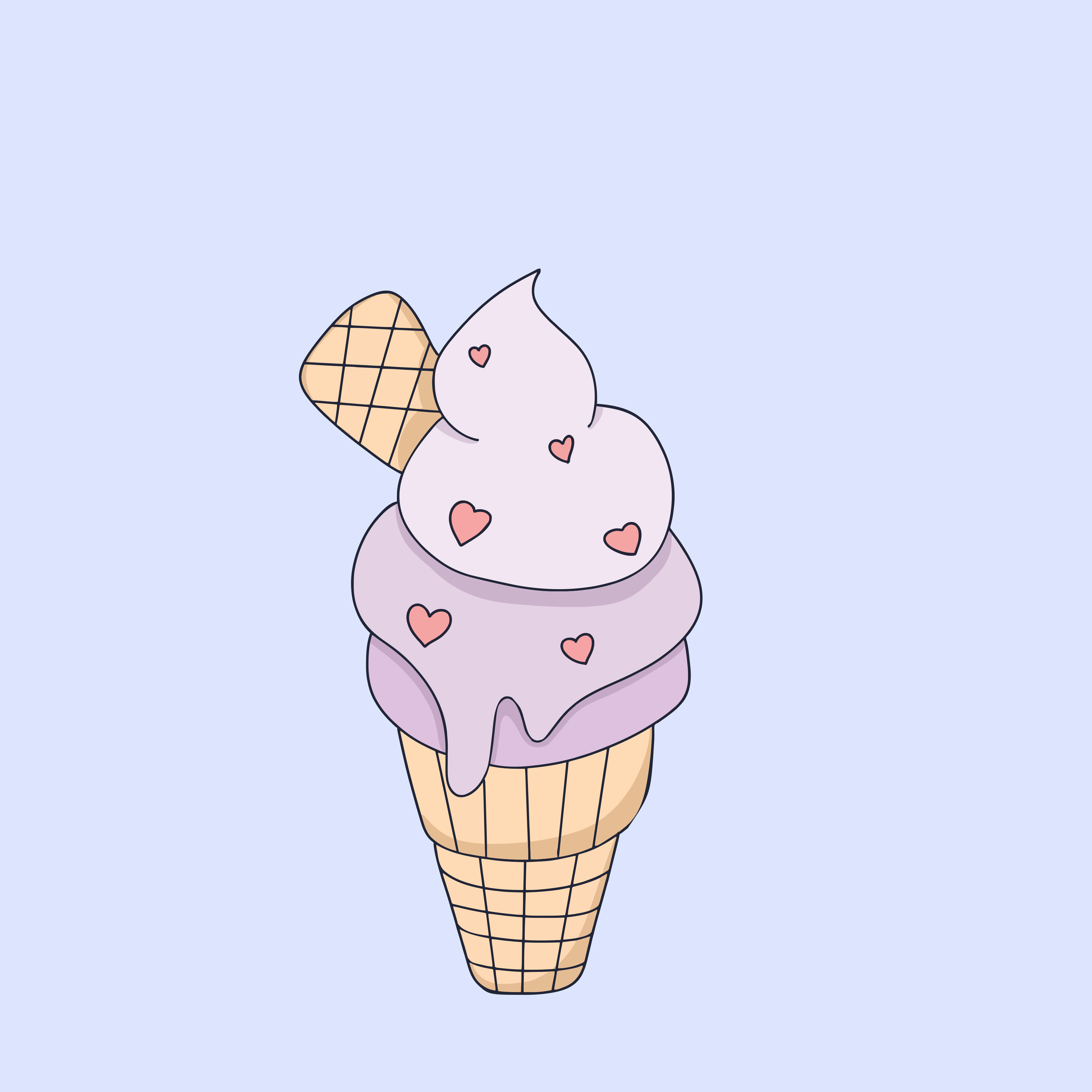 A soft-serve ice cream cone with pink hearts.