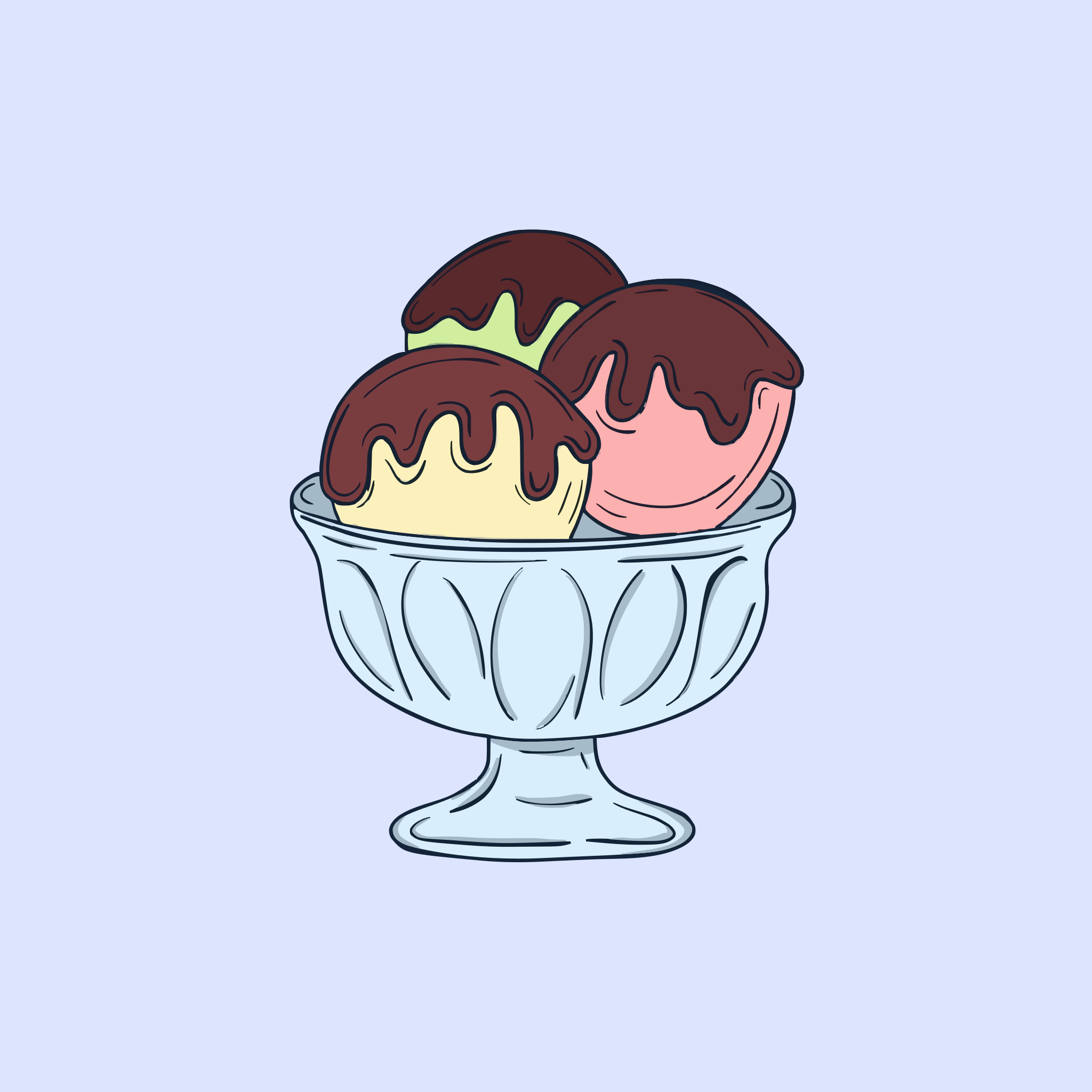 Three scoops of ice cream in a glass bowl.