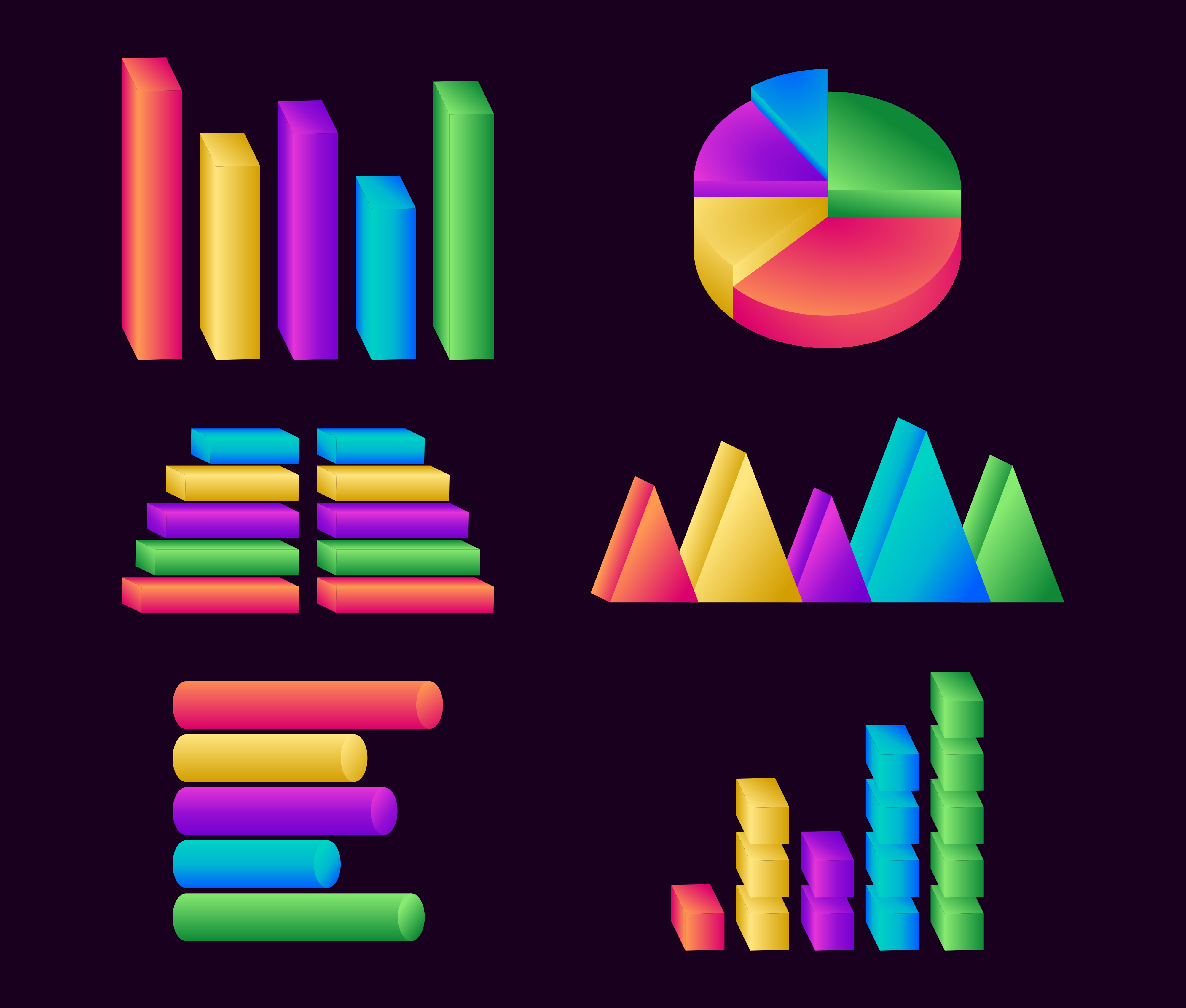 Colorful 3D bar and pie charts on dark background