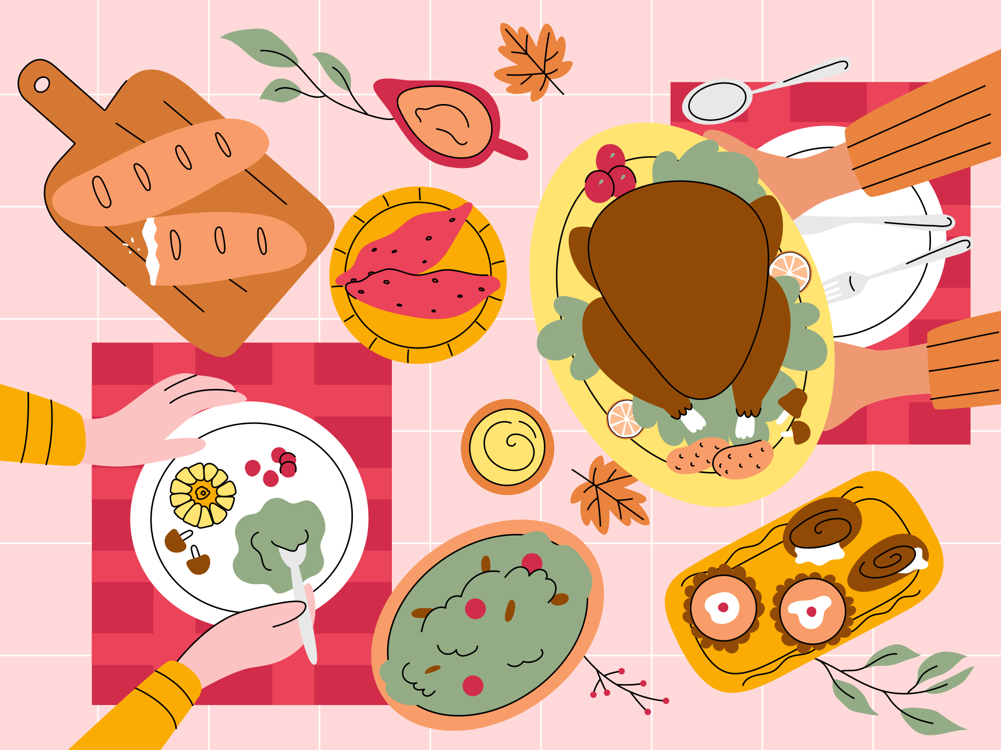 Thanksgiving dinner table with turkey and sides