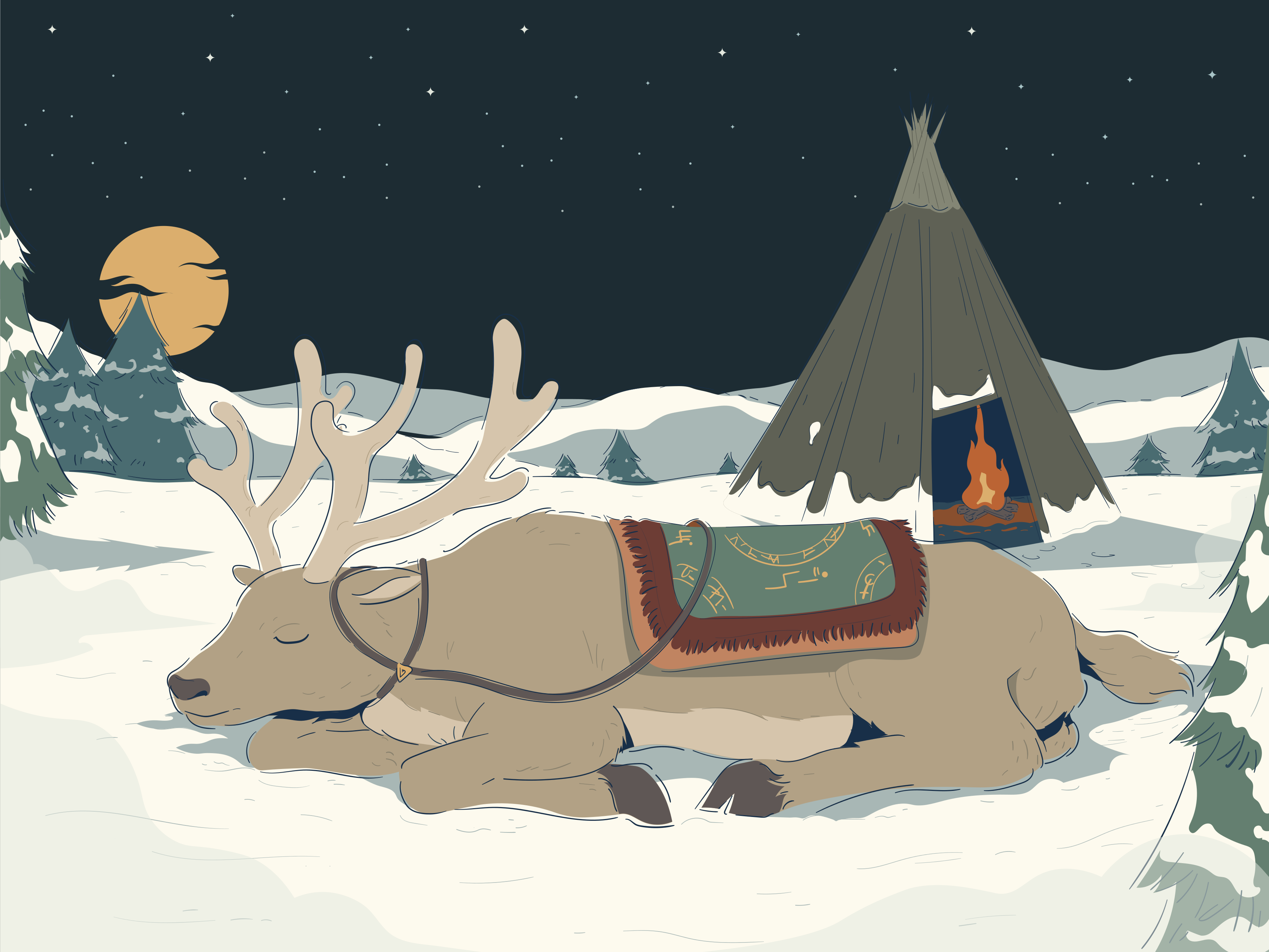 Le renne dort dans la neige près du tipi la nuit.
