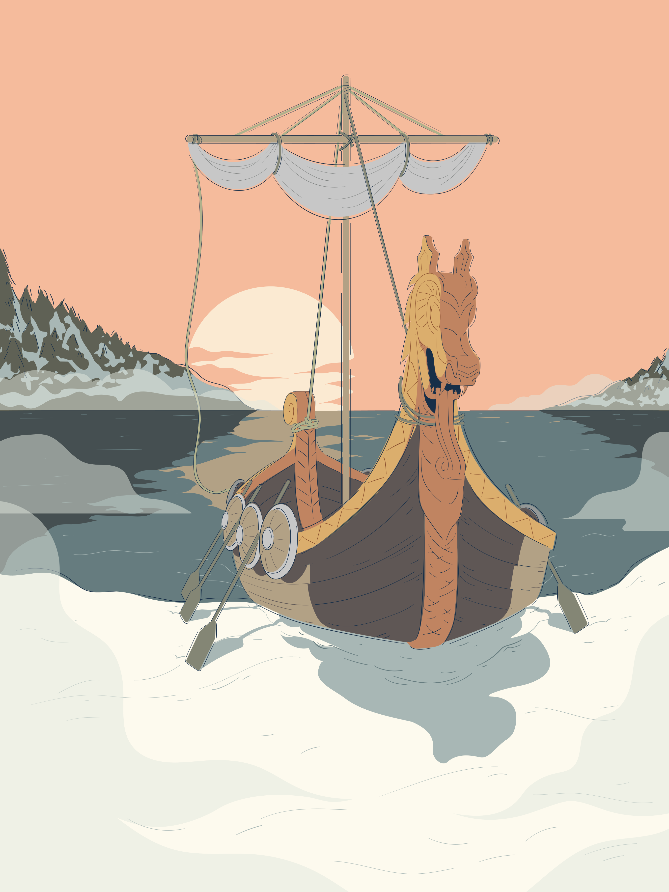 Wikinger-Langschiff, das bei Sonnenuntergang auf ruhigem Meer segelt.