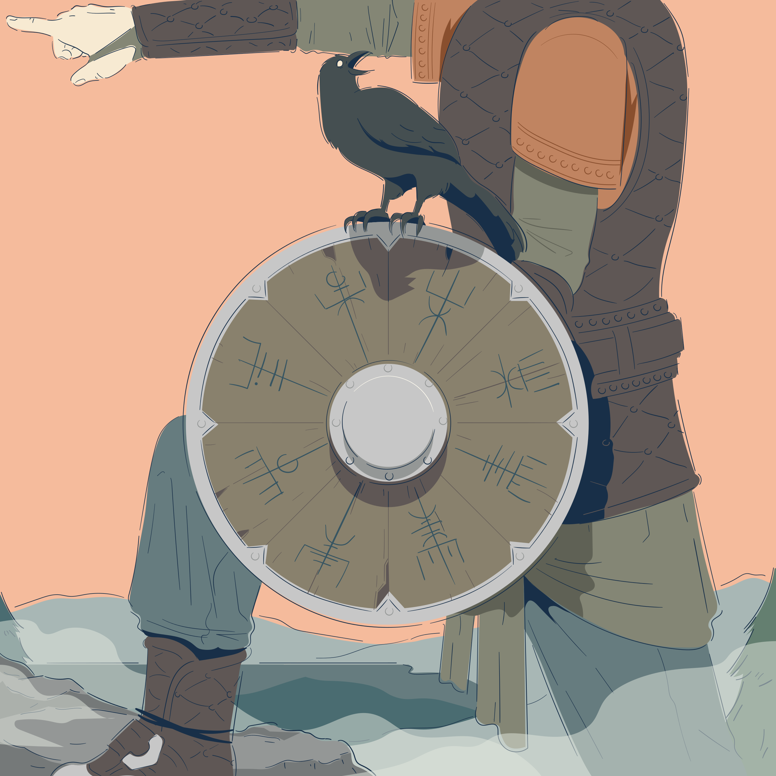 Viking warrior with raven and shield points forward