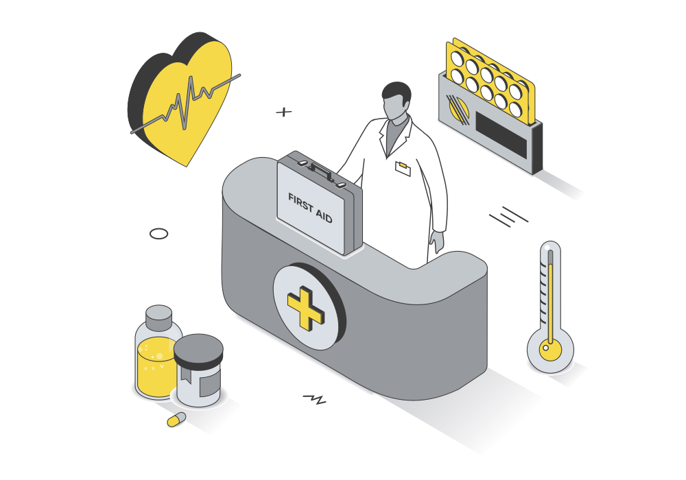 Farmacéutico tras el mostrador con suministros médicos