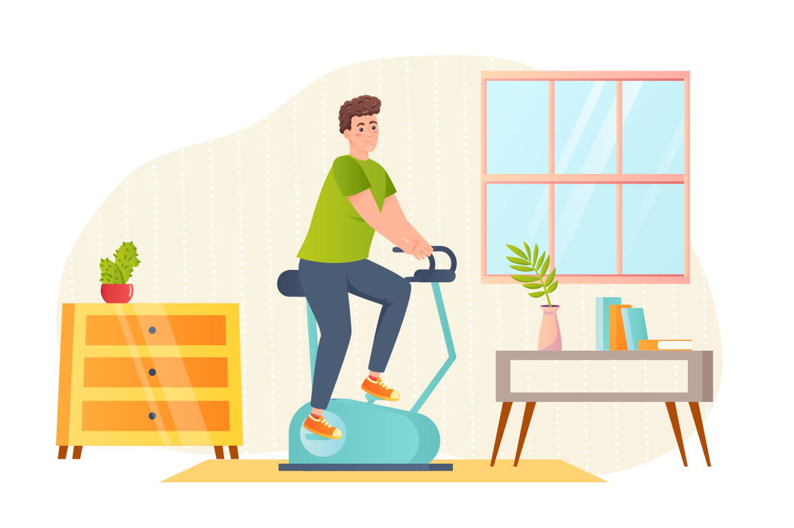 Man exercising on a stationary bike indoors.