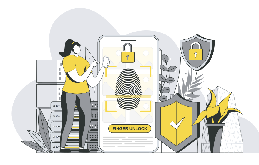 Woman using fingerprint unlock on smartphone for phone security.