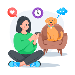Woman texting while dog sits in armchair