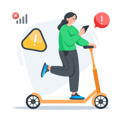 Woman on scooter with warning icons