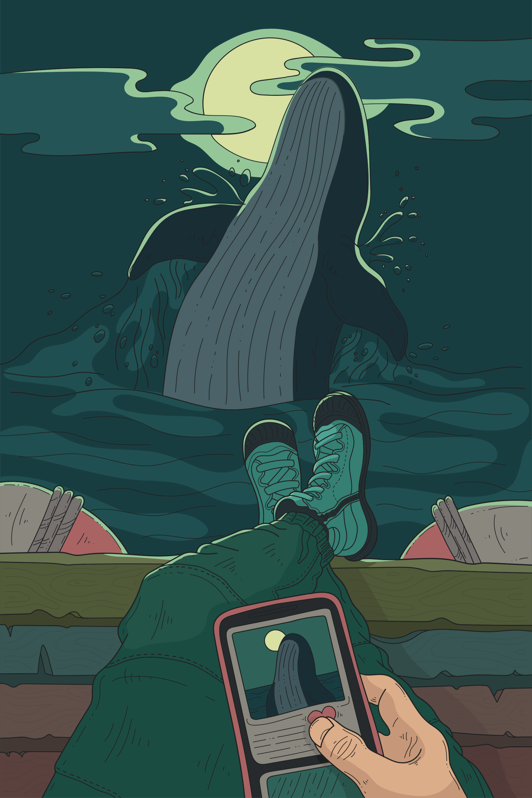 Whale breaching near a person watching on phone