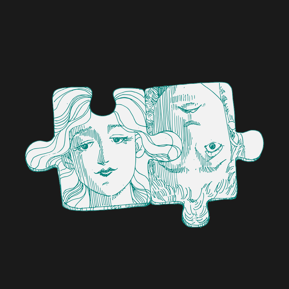 Two puzzle pieces with faces fitting faces