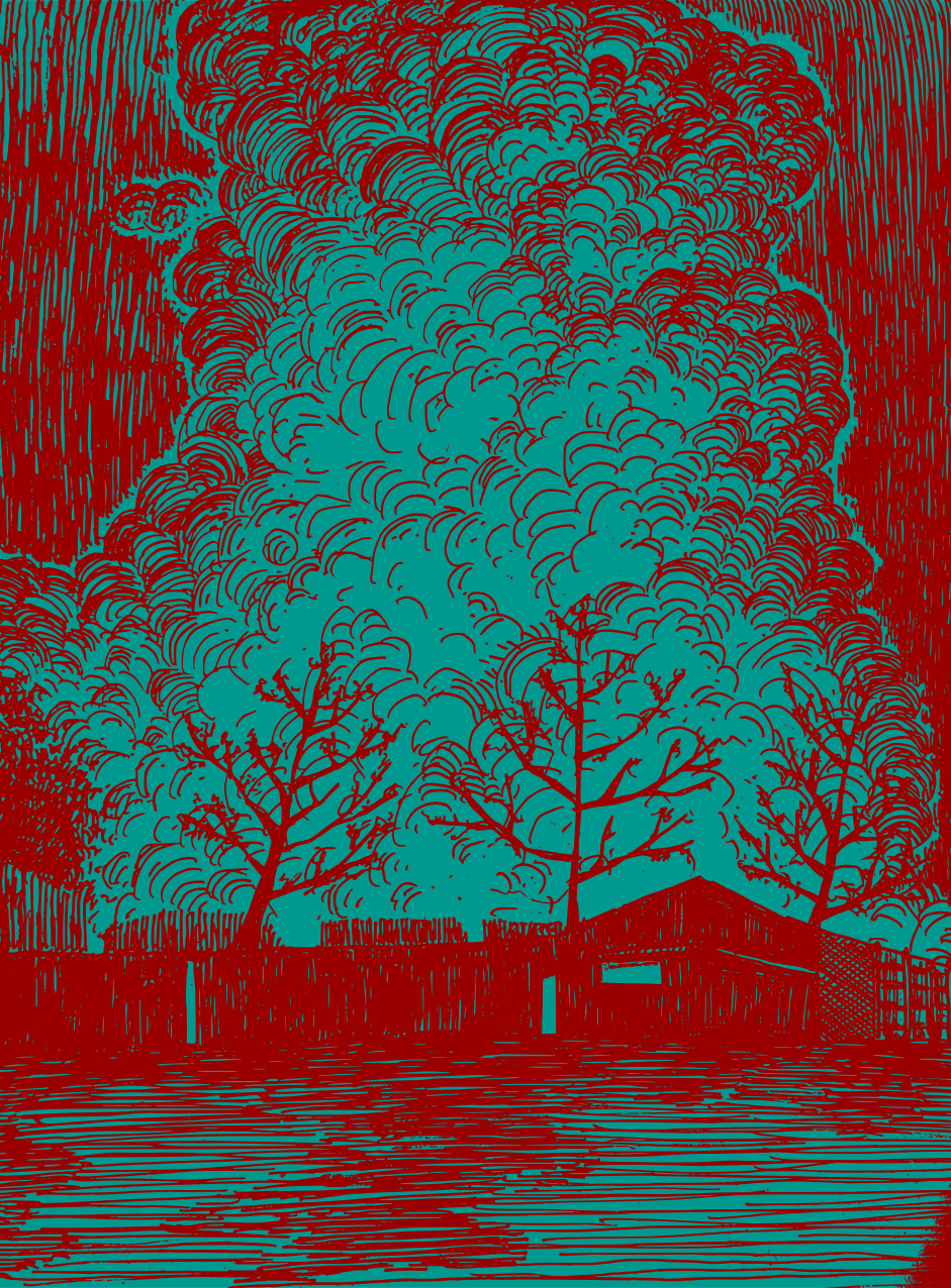 Smoke billows over a small building and trees.