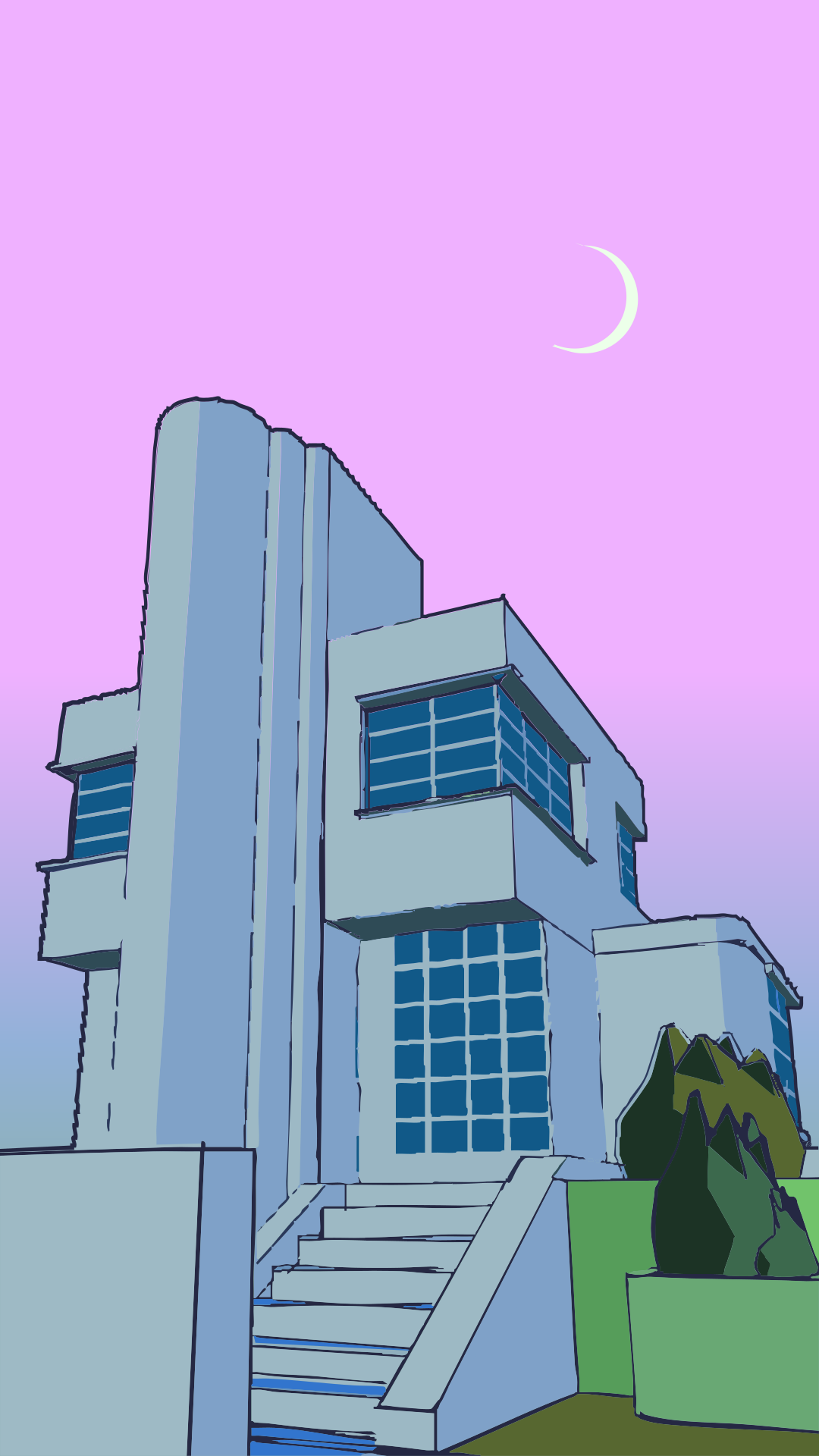 Art deco house under a crescent moon