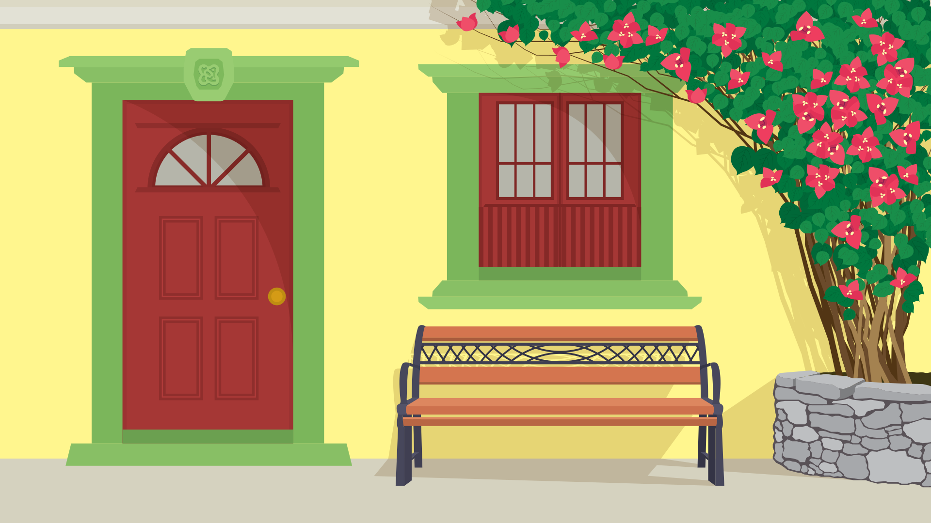 Red door and window beside blooming pink flowers.