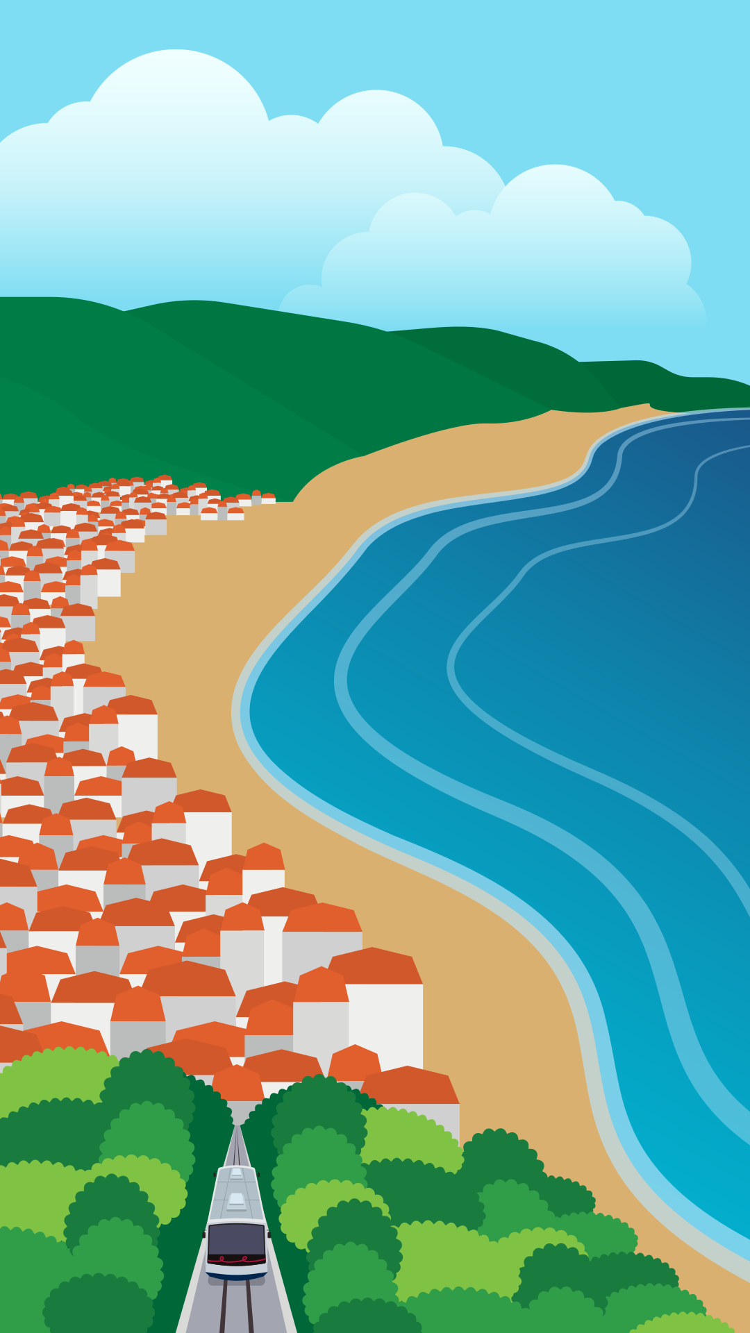 Coastal town with beach, ocean, and green hills.